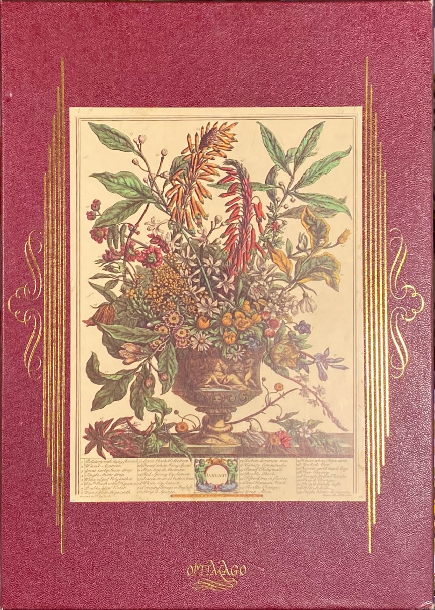 A vintage botanical illustration of a floral arrangement in an urn labeled January, set against a dark red background.