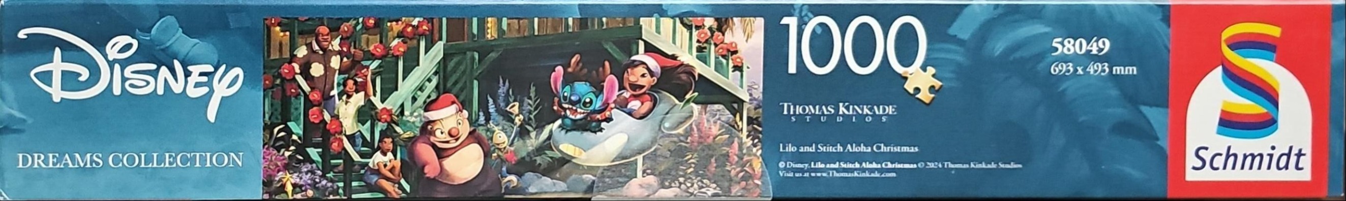 Lilo and Stitch characters celebrating a tropical Christmas on a lush porch.