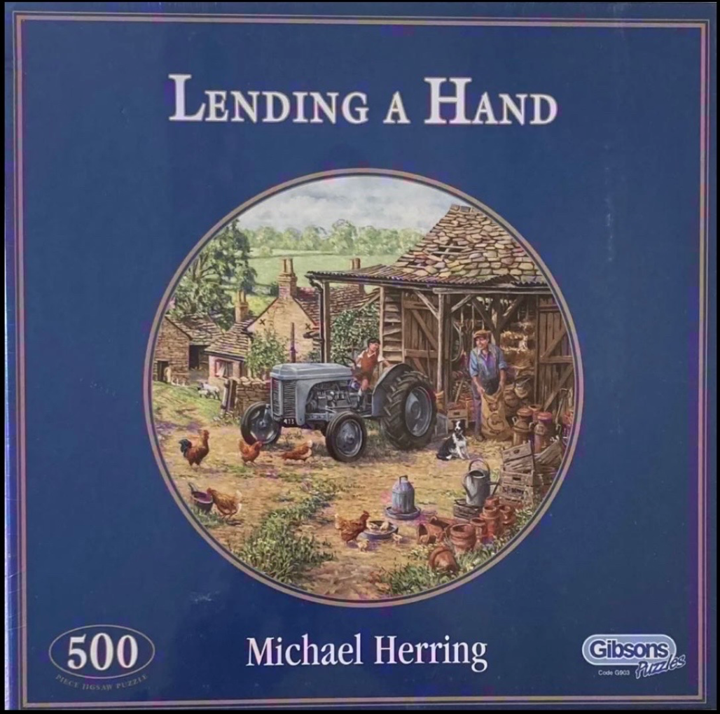 A circular illustration of a farmyard scene featuring a vintage grey tractor, a child, and chickens.