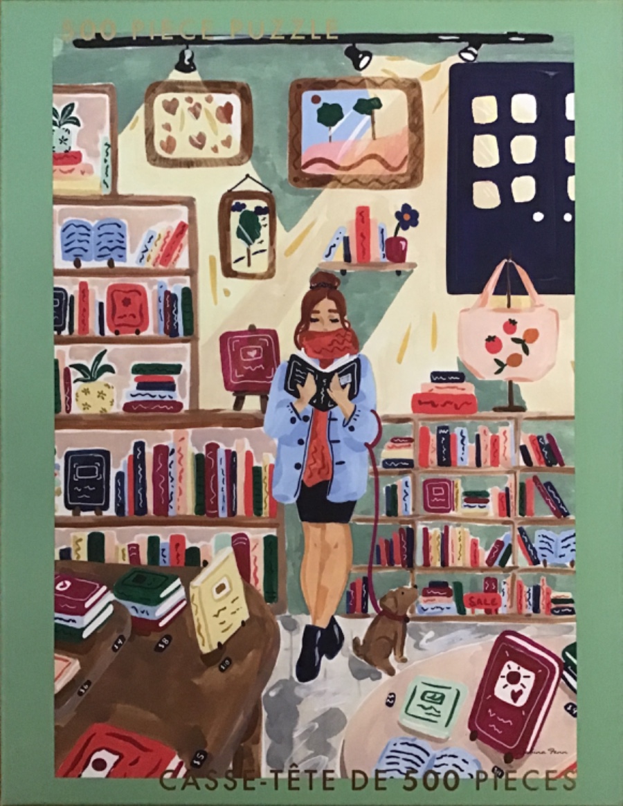 A whimsical gouache illustration of a woman reading in a cozy bookstore with a small dog by her side.