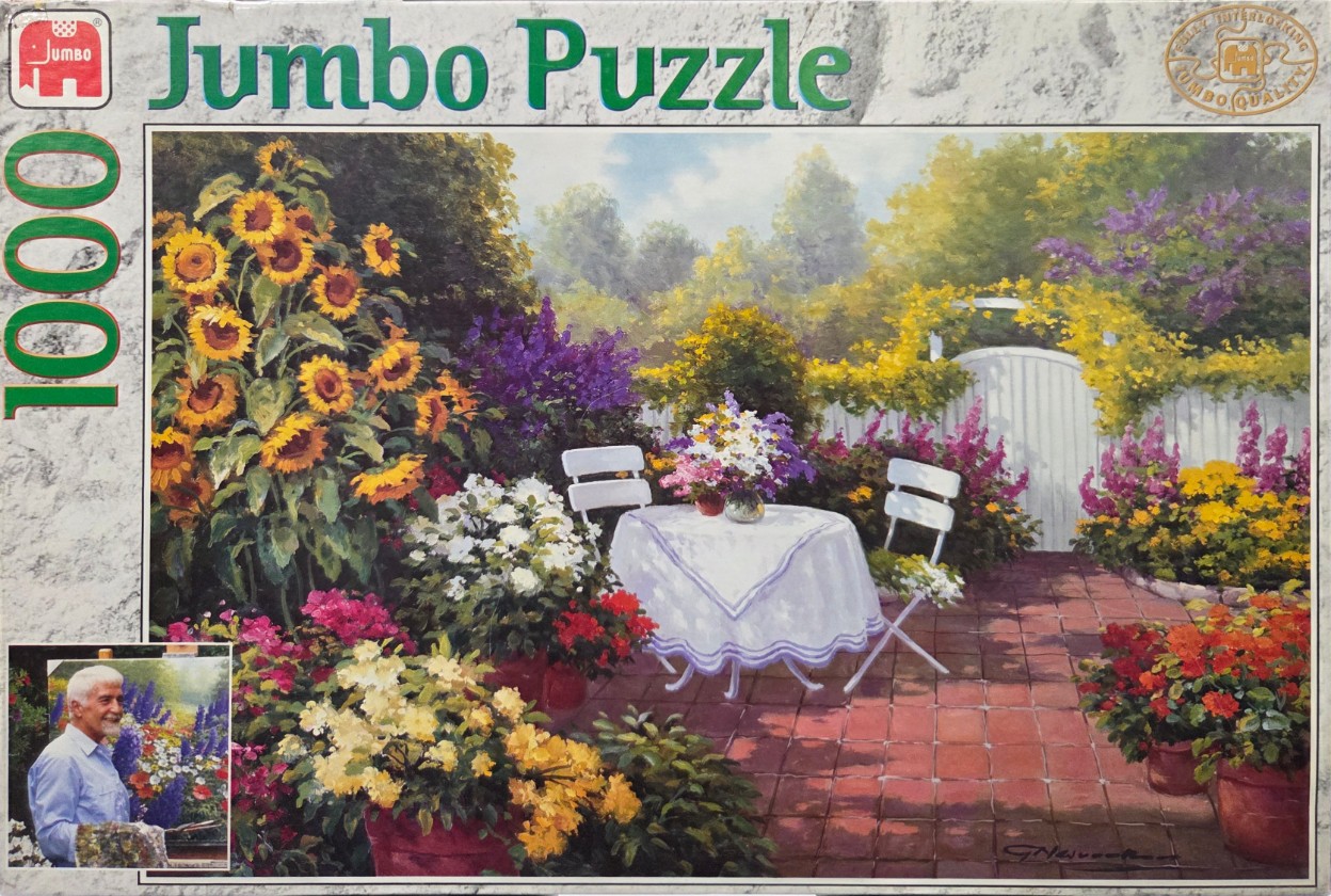 Oil painting of a sunlit garden patio with a bistro table, sunflowers, and colorful potted flowers.