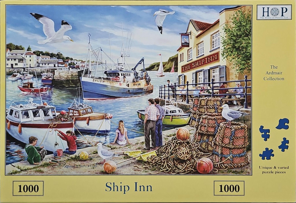 Painting of a bustling harbour scene at The Ship Inn with fishing boats, people, and seagulls.