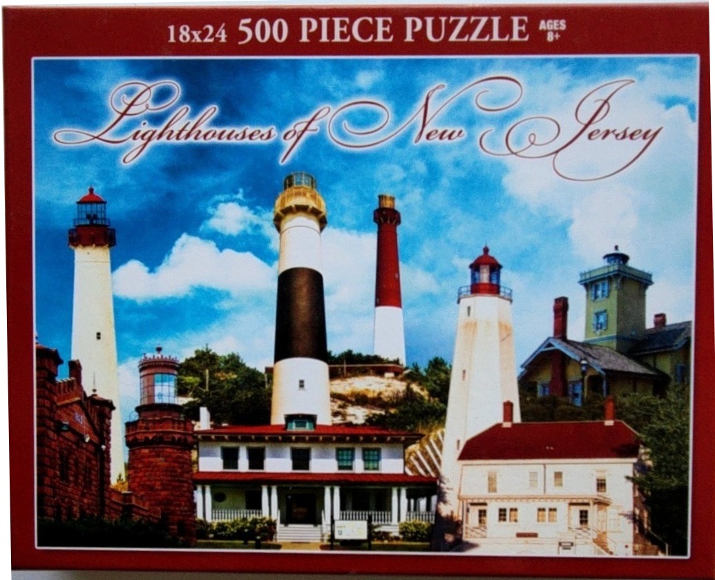 A montage of five different historic lighthouses in New Jersey set against a bright blue sky.