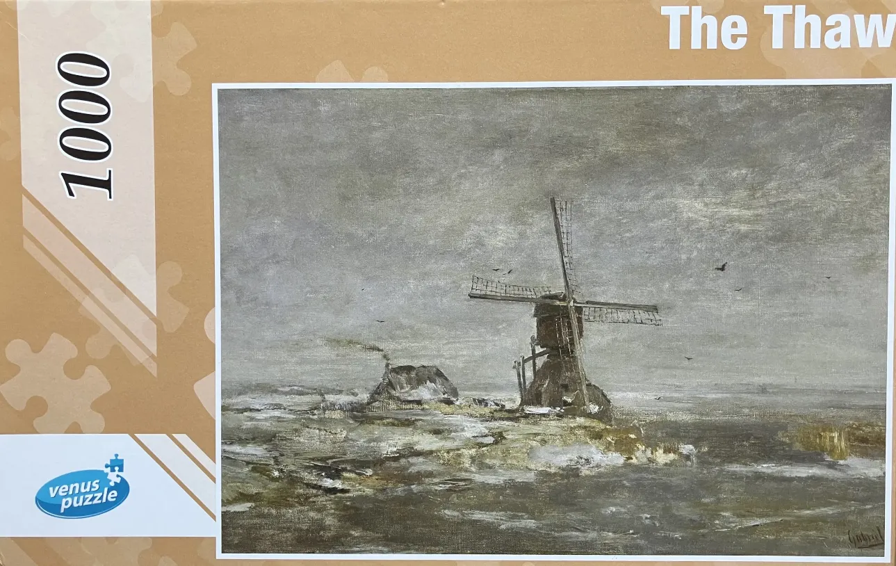 An oil painting of a windmill and a cottage in a bleak, wintry landscape titled The Thaw.