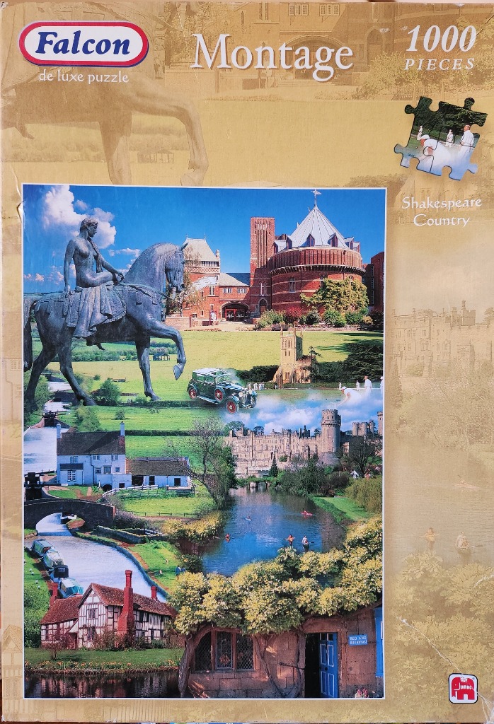 A montage of iconic scenes from the English countryside including historical buildings, a statue, and a river.
