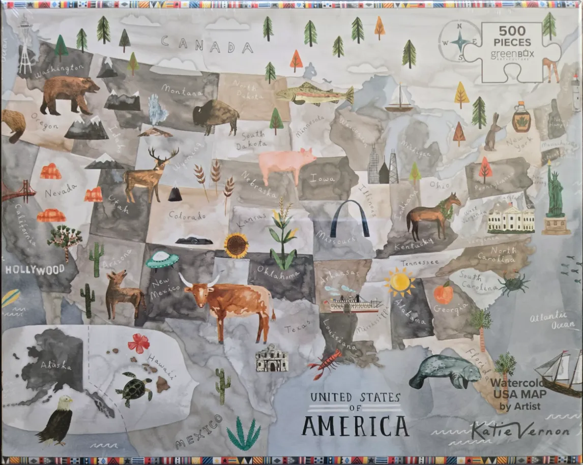 A whimsical watercolor map of the United States featuring regional animals, landmarks, and symbols.