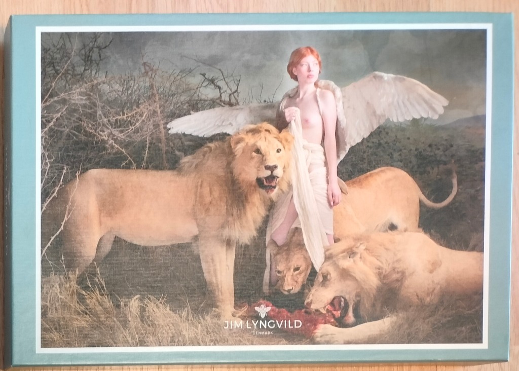 A cinematic composition featuring a pale angel standing among three lions in a desolate, natural landscape.