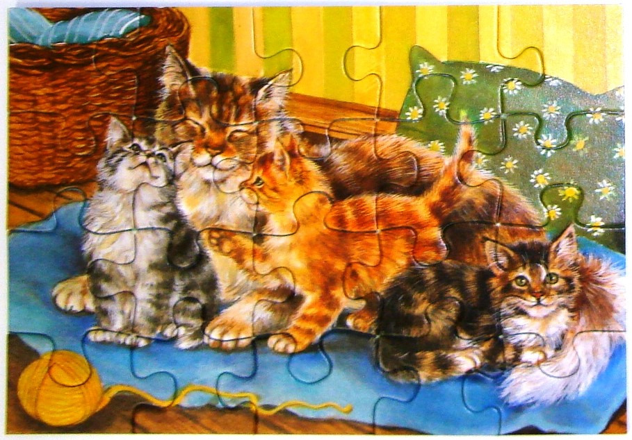 A group of four cats and kittens sitting together on a blue blanket in a cozy room.