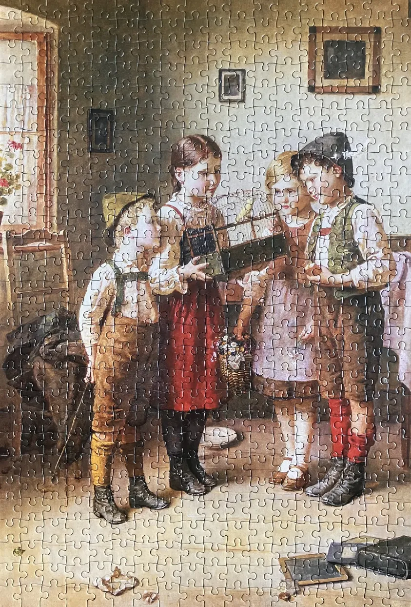 A group of four children in traditional European folk clothing gather around a birdcage in a rustic room.