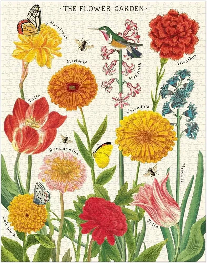 Botanical illustration titled The Flower Garden featuring colorful flowers, butterflies, and insects on a cream background.