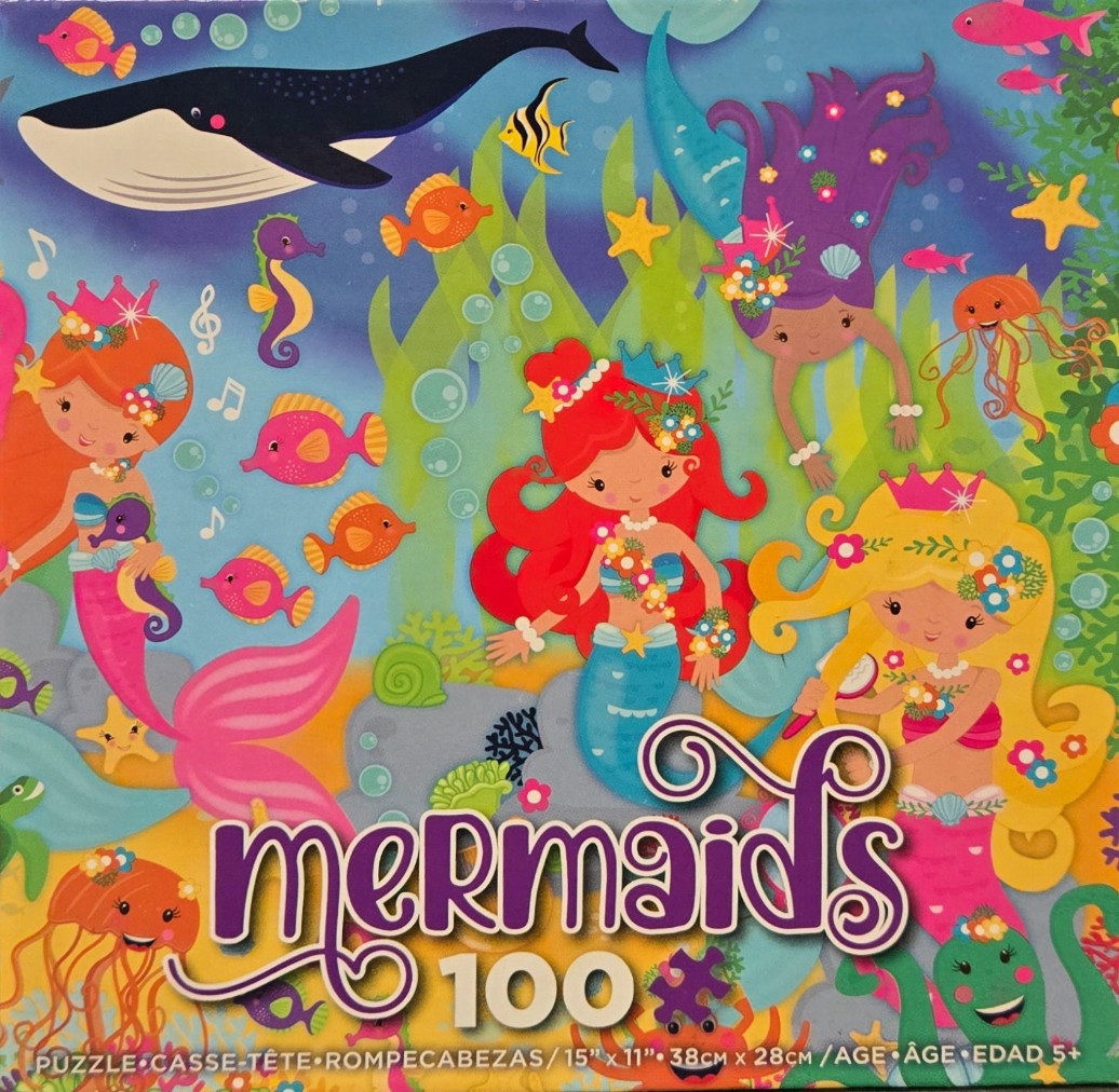 Cartoon illustration of four mermaids, a whale, and various sea creatures in an underwater setting.