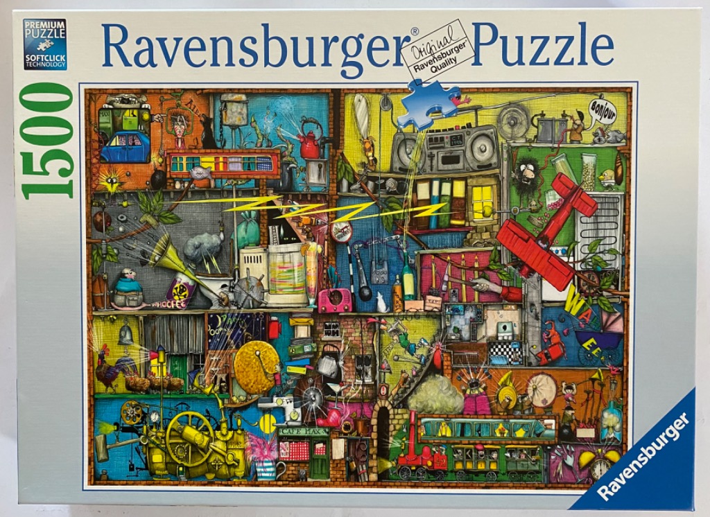 A chaotic, whimsical cartoon illustration featuring a complex cutaway of a multi-room house filled with bizarre objects.