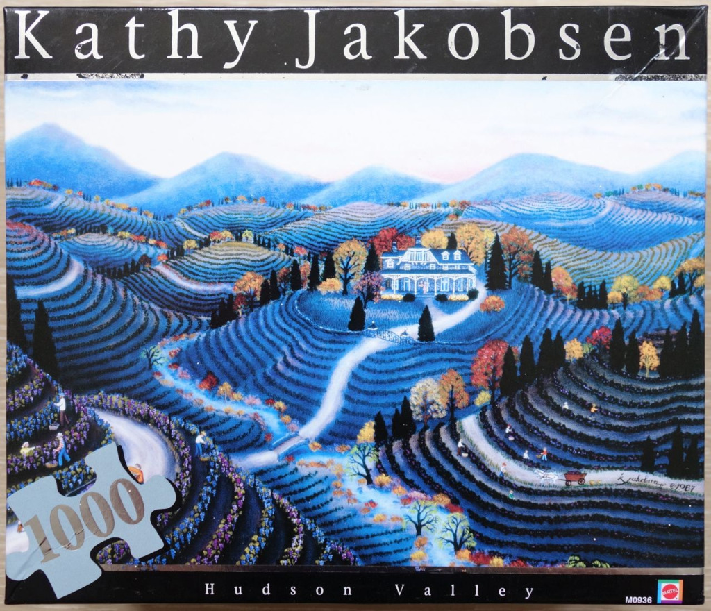 Folk art painting of a rolling, terraced landscape with a grand house in the Hudson Valley