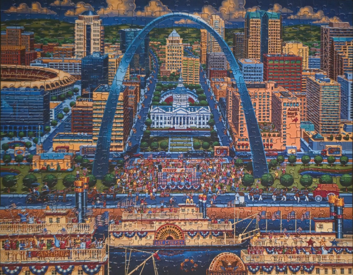 An illustration of the St. Louis Gateway Arch over a July 4th festival on the Mississippi riverfront.