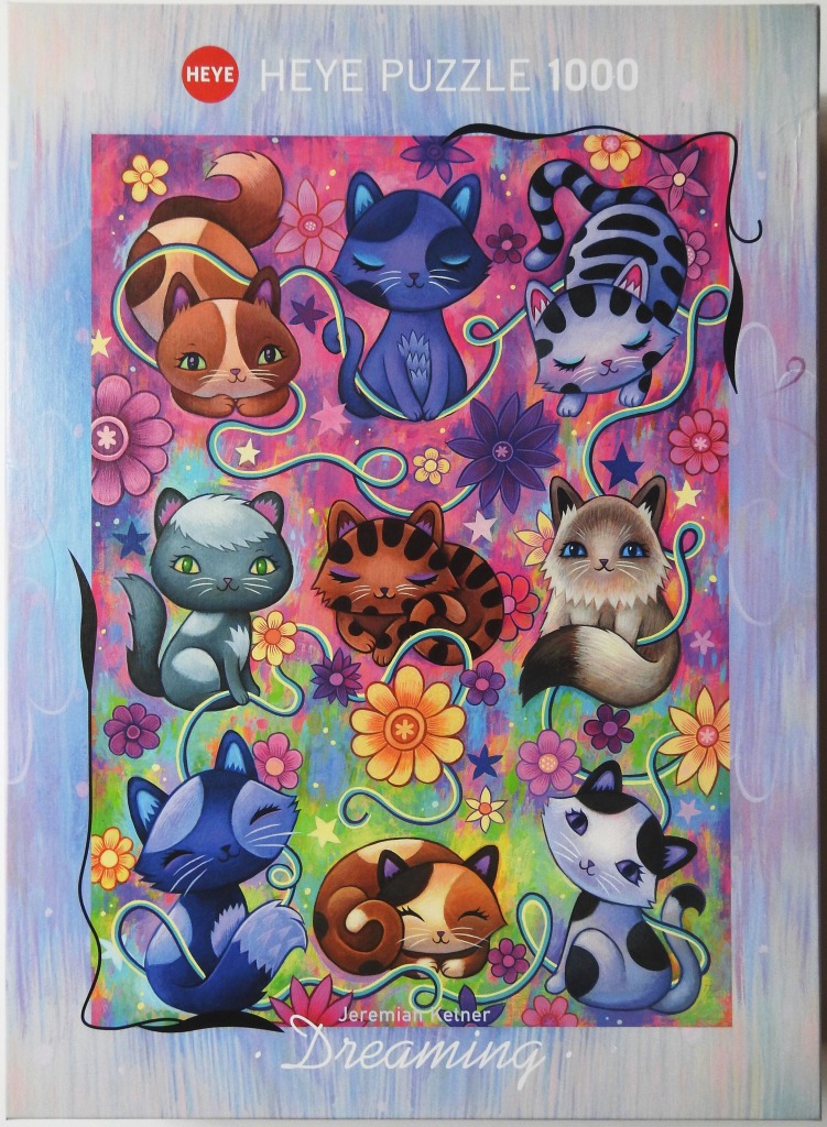 A whimsical illustration of eight stylized kittens playing with a single piece of teal yarn against a colorful background.