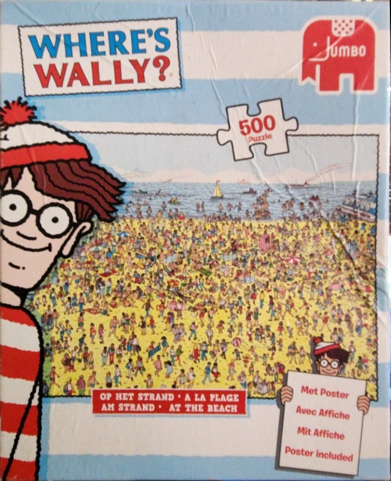 An illustration of a crowded sandy beach scene featuring Wally in his signature red and white striped outfit.