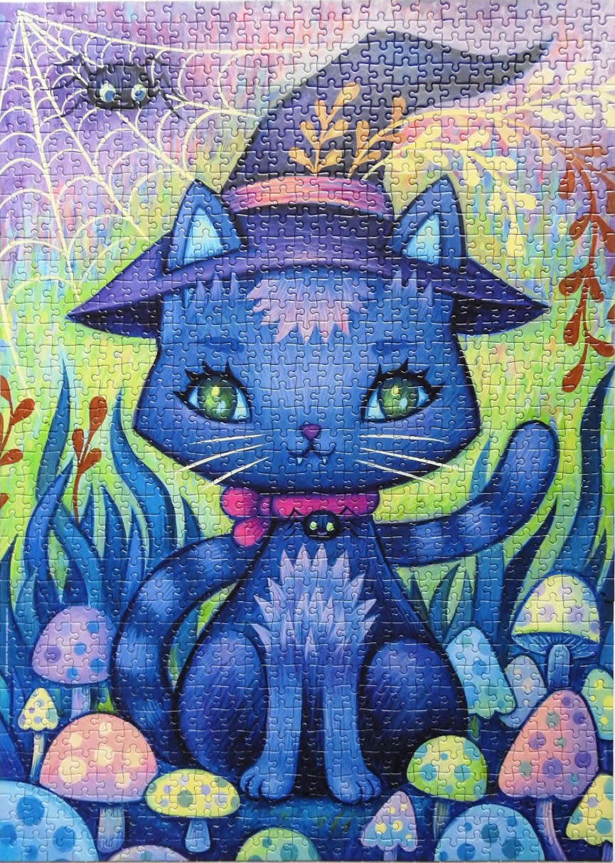 A whimsical illustration of a dark blue cat wearing a witch's hat, surrounded by mushrooms in a mystical forest.