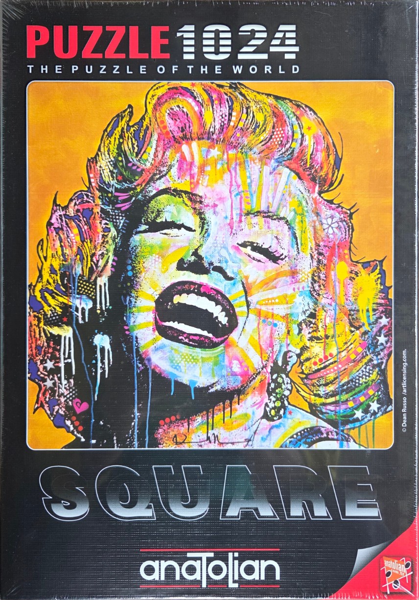 Pop art portrait of a laughing blonde woman with vibrant, multicolored paint splatters against a solid gold background.