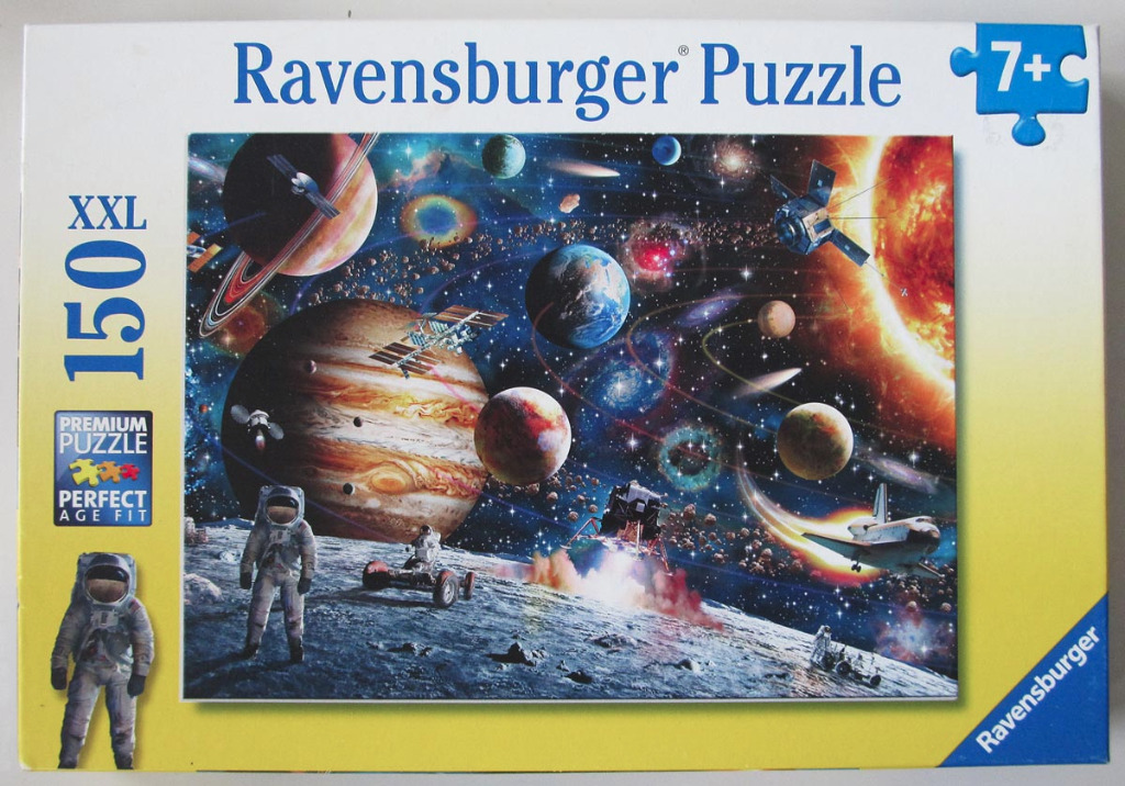 A cosmic scene featuring planets, spacecraft, and astronauts on a moon-like surface.
