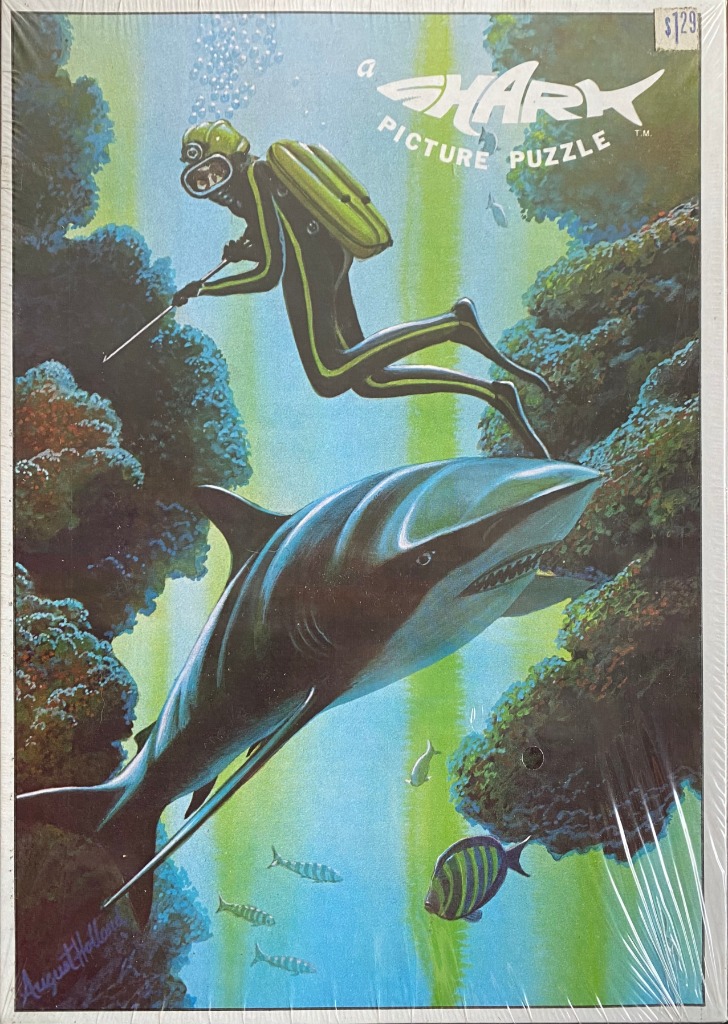 An illustration of a scuba diver swimming above a large shark in a coral reef.