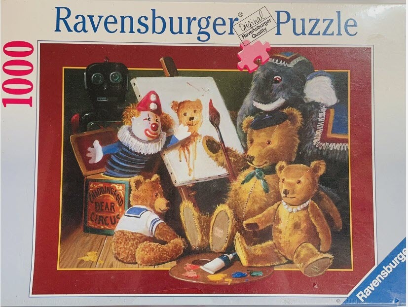 An illustration of various vintage toys including teddy bears, a clown, a robot, and an elephant gathered around an easel.