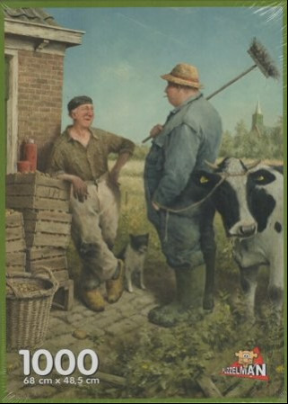 An oil painting of two farmers chatting by a brick wall with a cow and a small dog in a rural field.