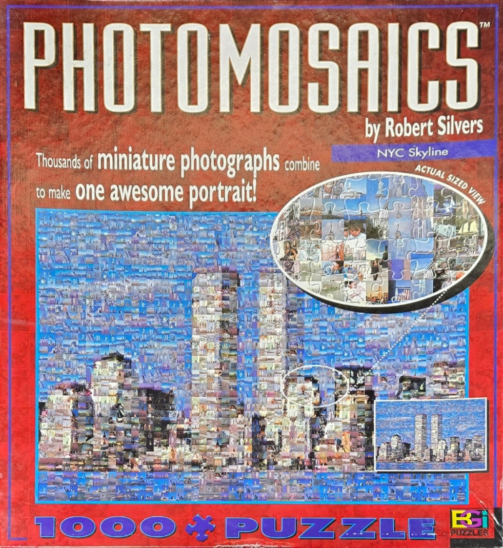 A photomosaic of the New York City skyline featuring the Twin Towers composed of thousands of miniature photographs.