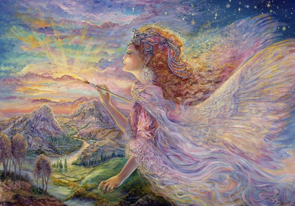 A whimsical illustration of a winged woman painting a sunrise over a mountainous landscape with a paintbrush.