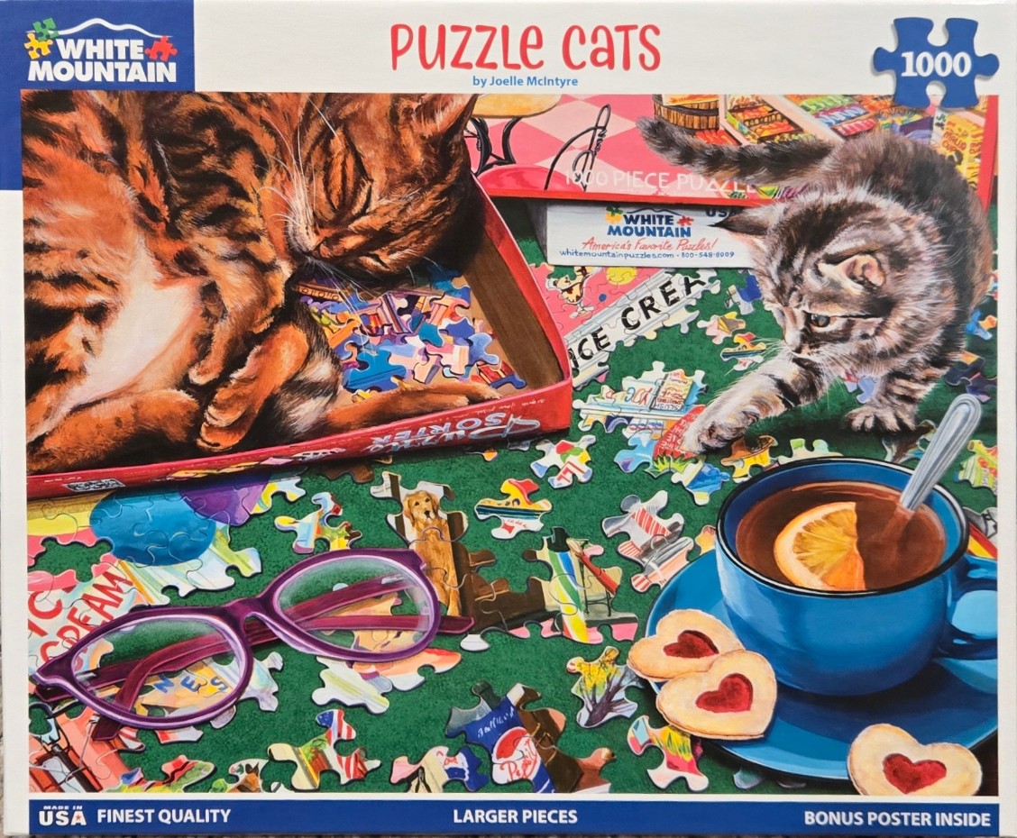 A detailed illustration of a cozy scene with cats, jigsaw puzzle pieces, a teacup, and glasses on a green surface.