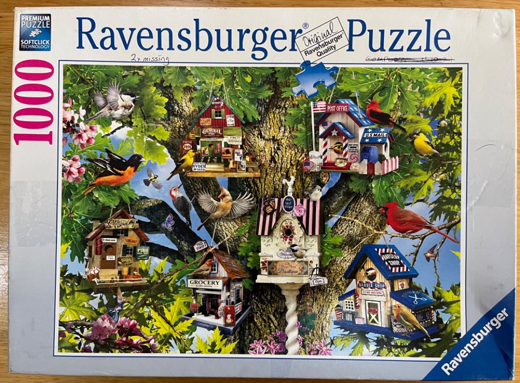 Illustration of five uniquely decorated birdhouses shaped like small shops, nested in a large oak tree filled with birds.