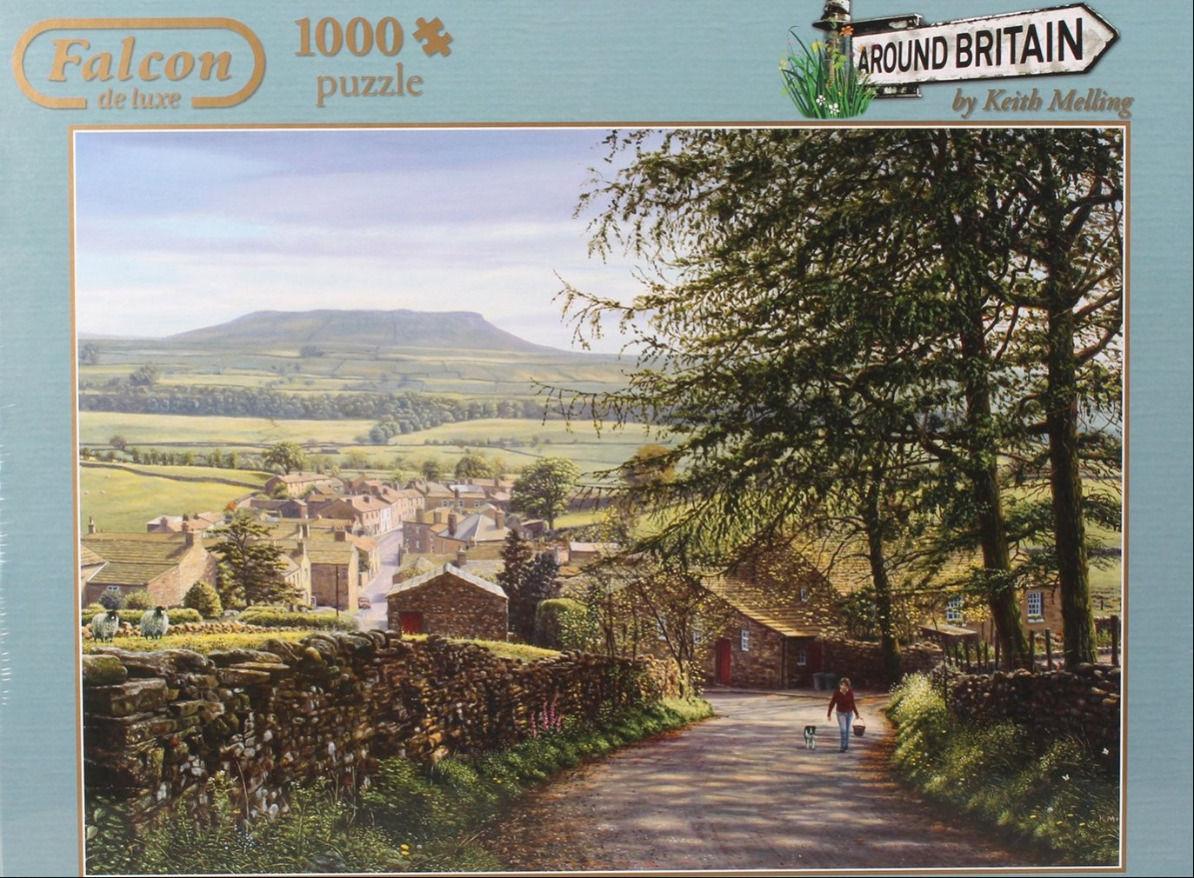 A pastoral landscape painting of a quiet British village nestled under a large hill, with a person walking a dog.