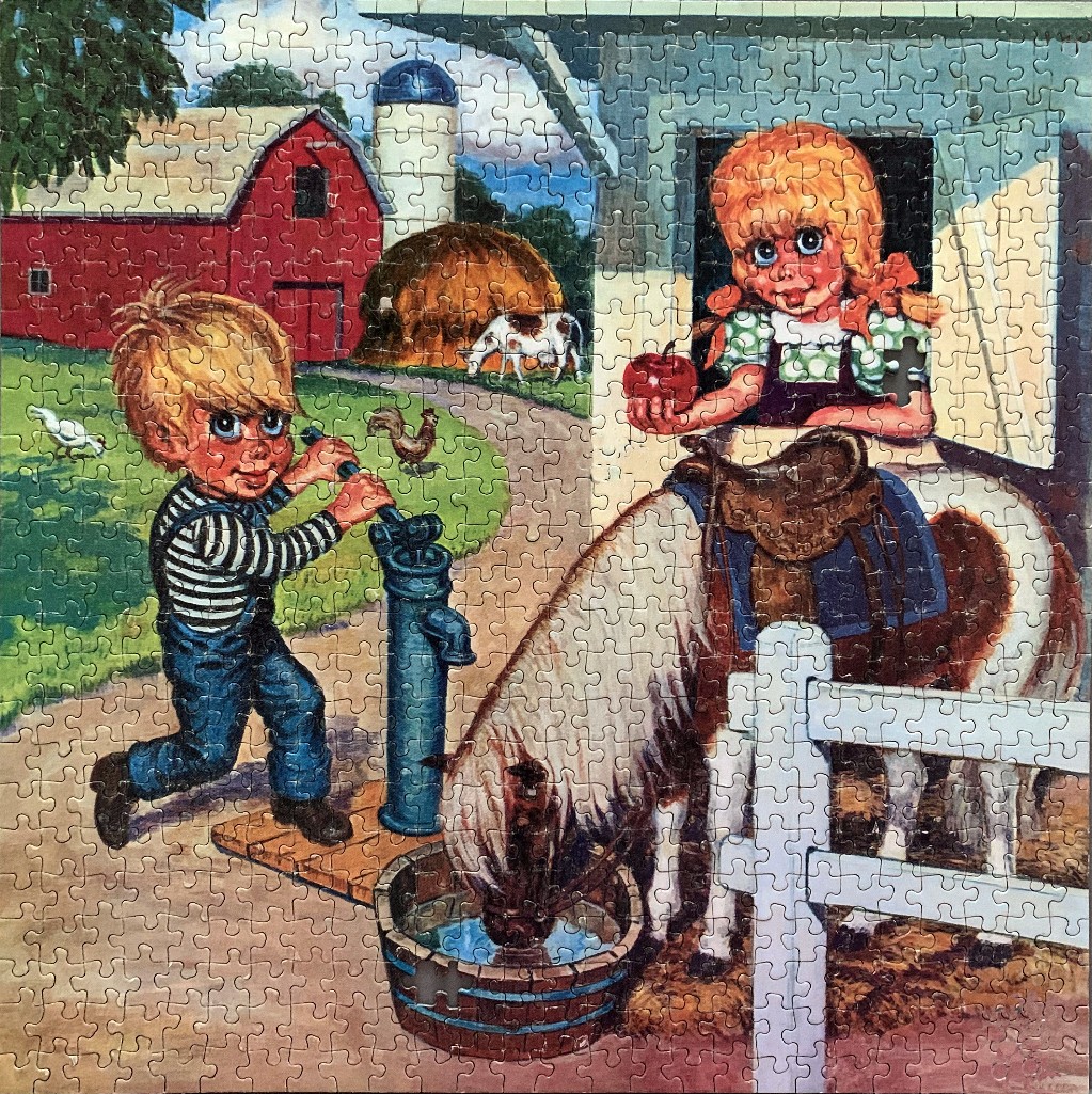 Illustration of a boy pumping water for a pony as a girl watches from a stable doorway on a farm.