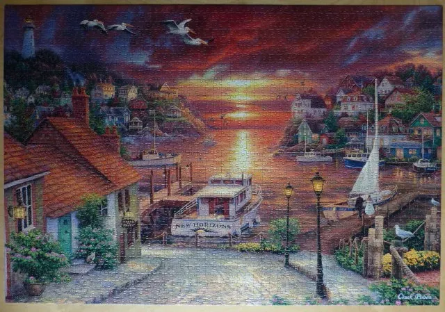 A romantic coastal scene at sunset with a harbor, lighthouse, and a boat named New Horizons.