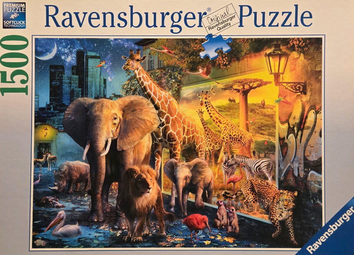 A surreal fantasy scene featuring a diverse group of African wildlife blended with a dark urban cityscape.
