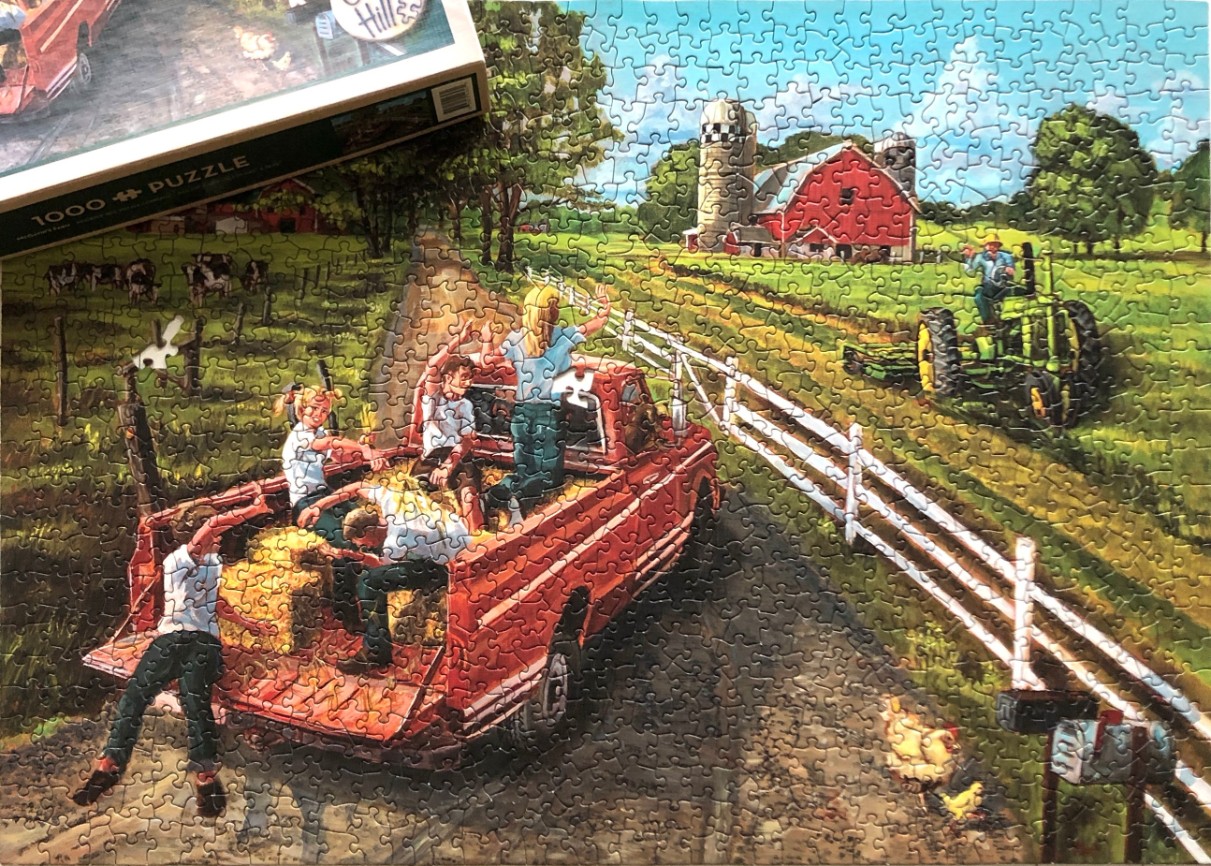 A nostalgic rural scene featuring a red pickup truck full of people driving past a farm on a sunny day.
