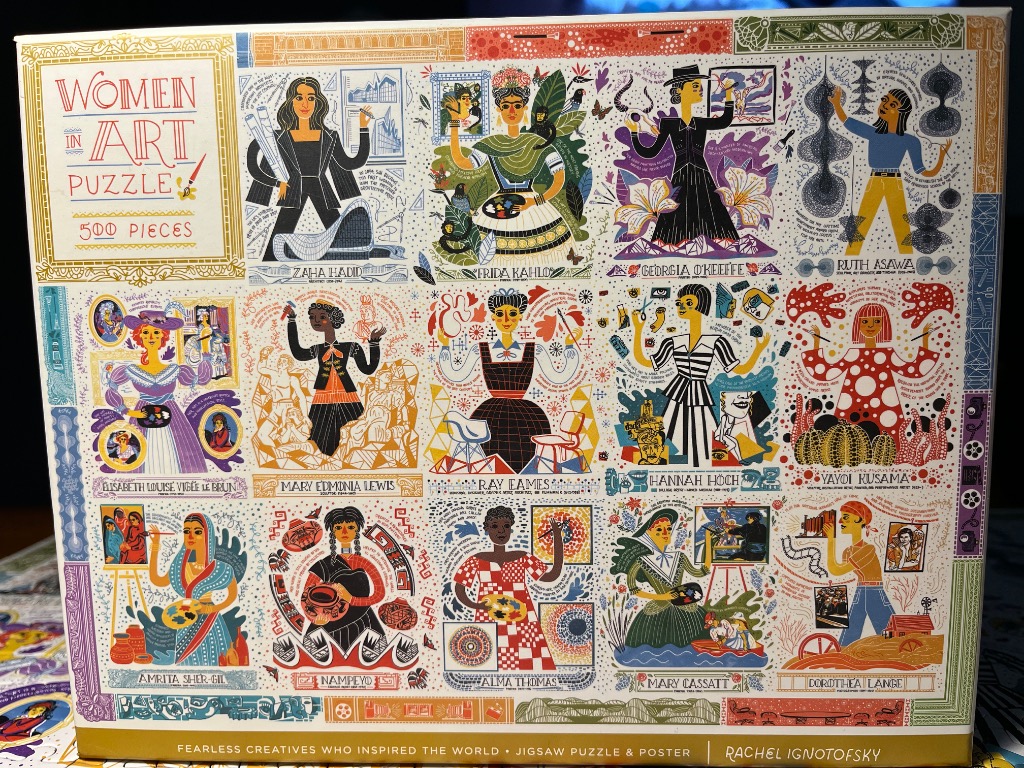 An illustrated grid of 15 celebrated female artists, each in their own framed style with biographical elements.