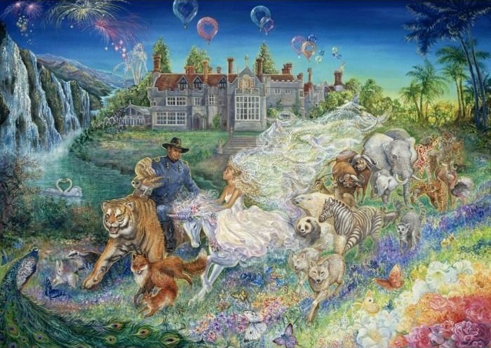 A bride and groom surrounded by wild animals, a unicorn, and a grand estate under a night sky with fireworks.