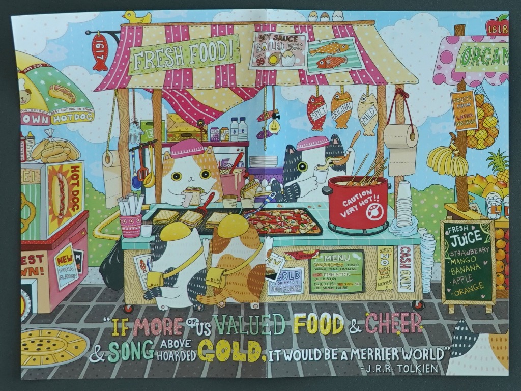 A whimsical illustration of a busy food stall run by cartoon cats.