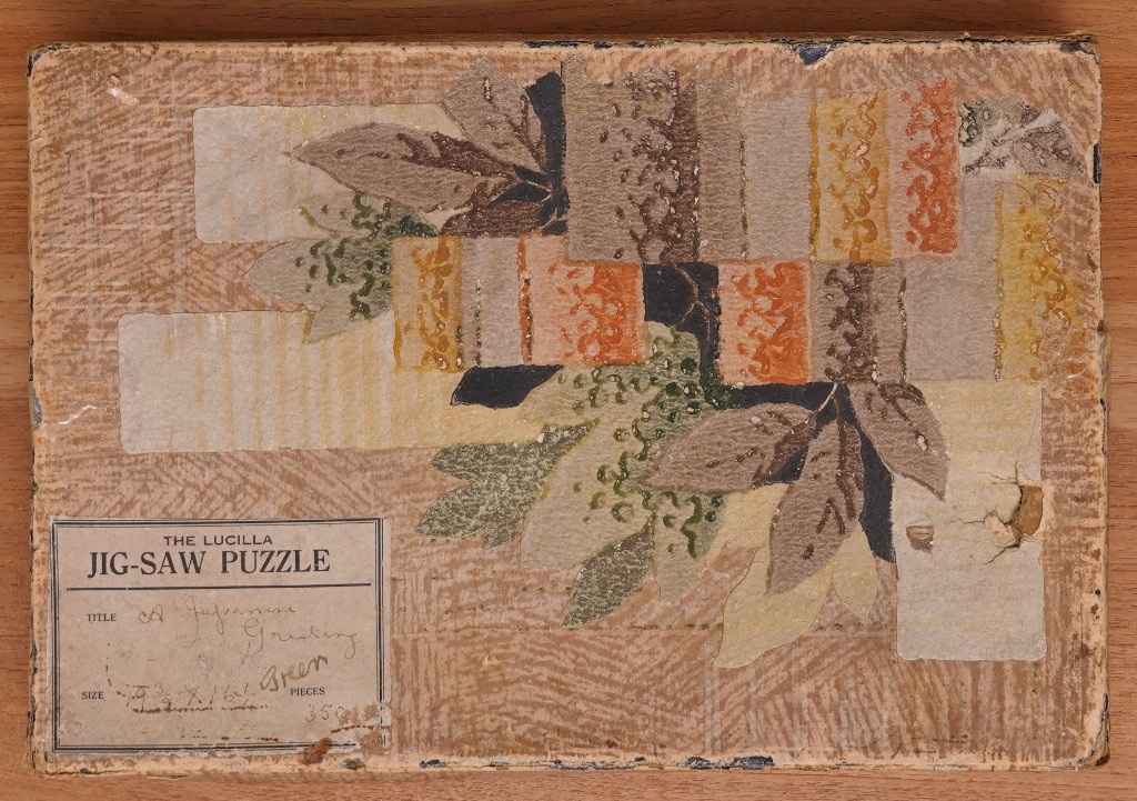 A vintage collage illustration featuring overlapping geometric paper swatches and delicate leaf patterns in earthy tones.