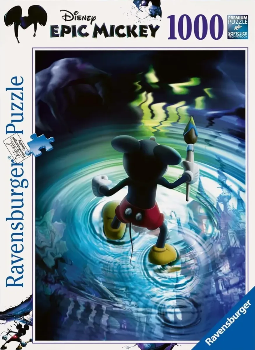 Mickey Mouse standing in glowing blue water holding a paintbrush in a dark, magical environment.
