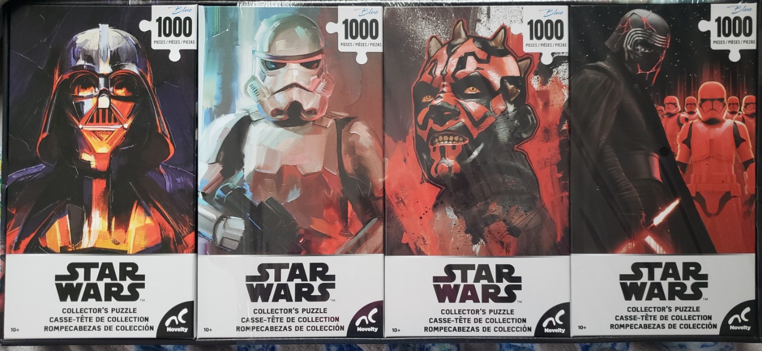 Four vertical panels featuring Star Wars character illustrations: Darth Vader, a Stormtrooper, Darth Maul, and Kylo Ren.