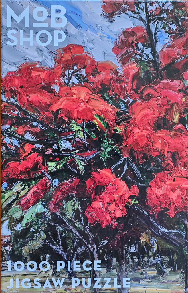 Impressionistic oil painting of a flamboyant tree with vibrant red flowers against a pale sky.