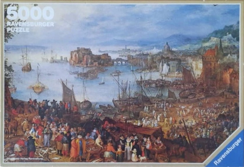 A Renaissance-style oil painting of a busy Mediterranean harbor scene filled with people and sailing ships.