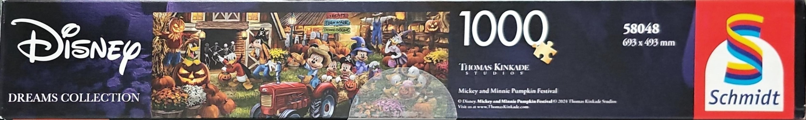 A festive Halloween scene featuring Mickey, Minnie, and other Disney characters at a farm pumpkin festival.