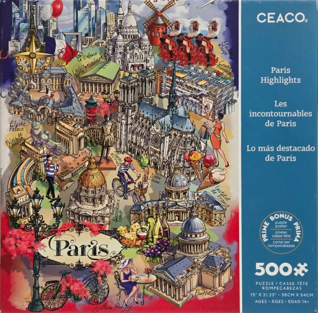 Collage-style illustration of iconic Paris landmarks, monuments, and cultural symbols in a whimsical, stylized layout.