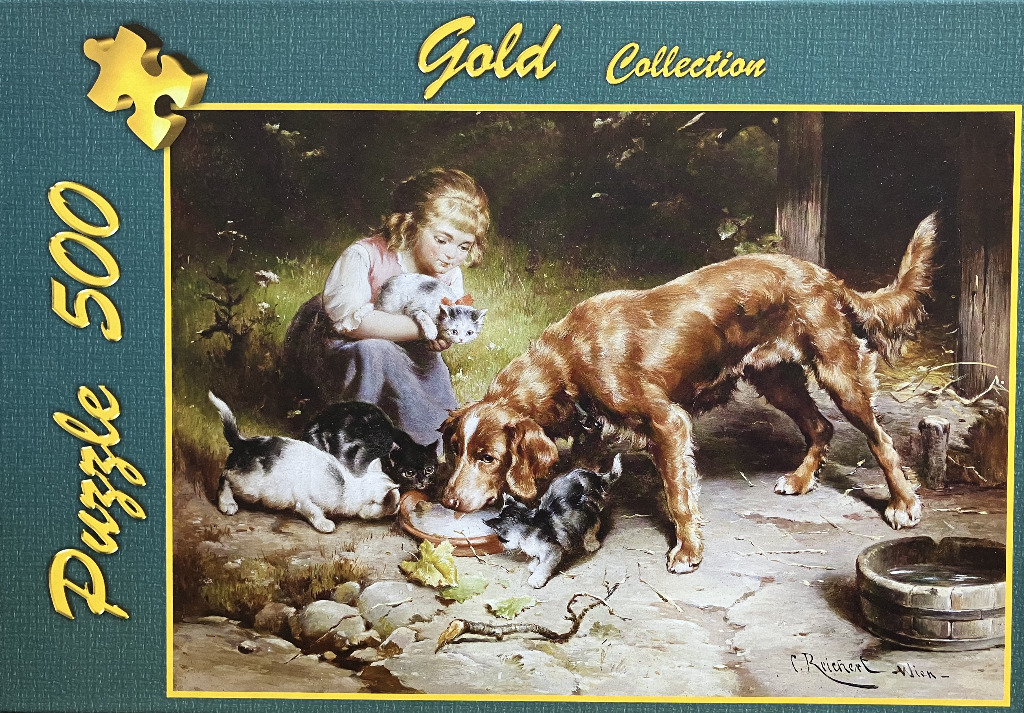 A Victorian-style painting of a girl and a dog watching three kittens drinking from a bowl.