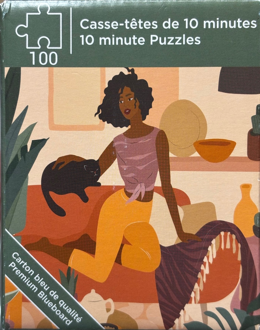 A stylized illustration of a woman with curly hair sitting on a sofa and petting a black cat in a cozy living room.