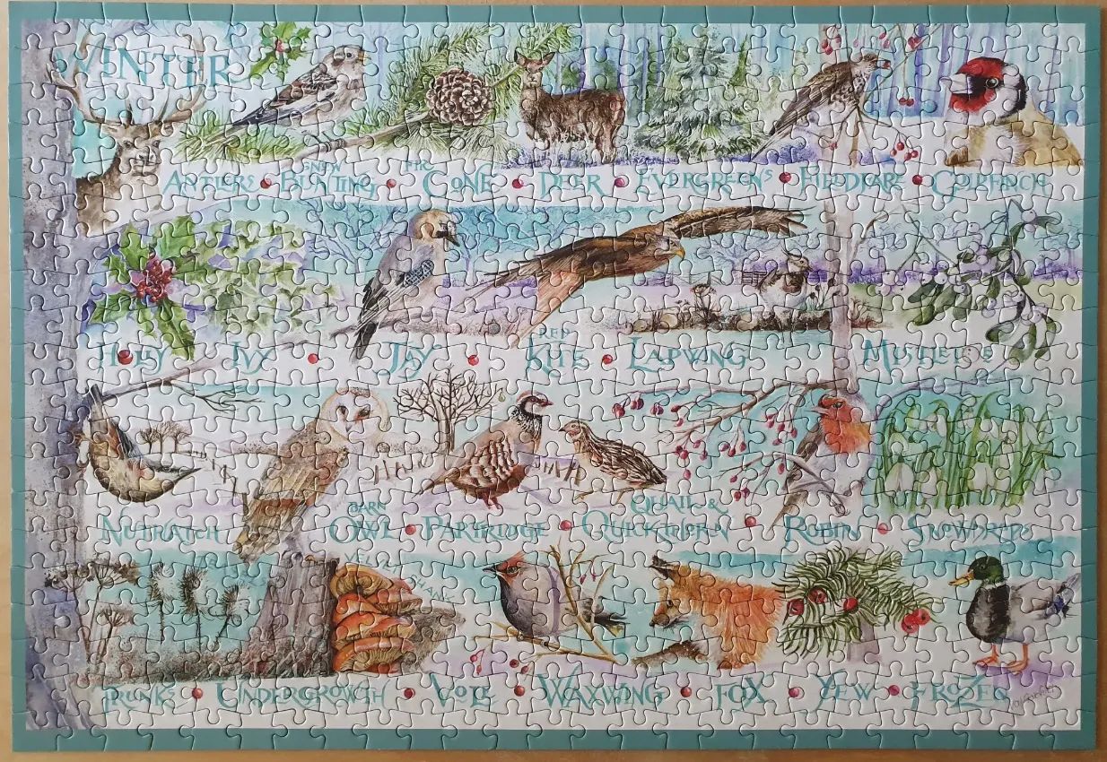 Watercolor illustration of various winter animals and plants organized in a grid, including birds, a deer, and a fox.