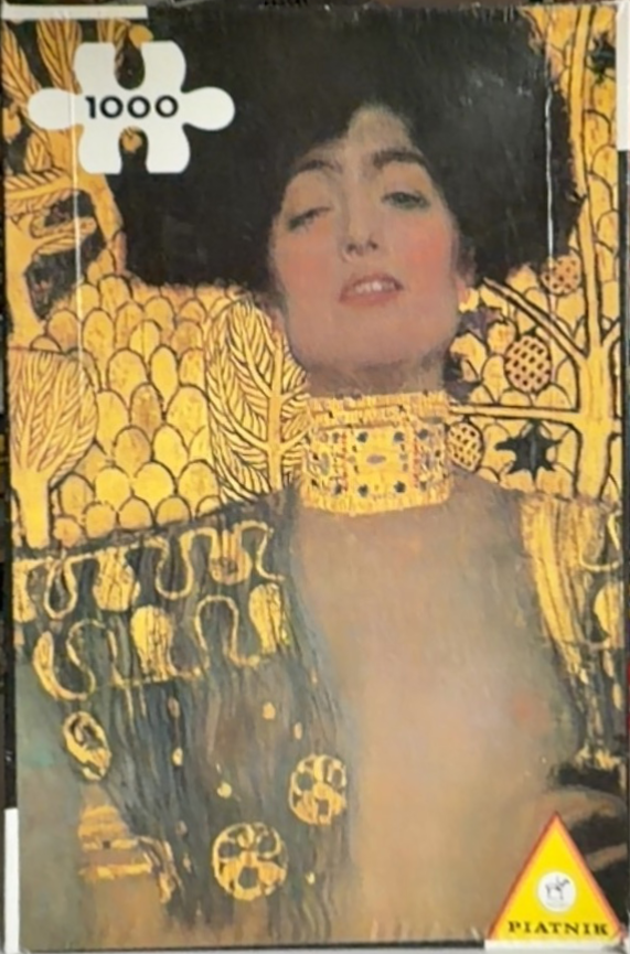 A close-up portrait of a woman with dark hair and a gold choker against a patterned gold background in Art Nouveau style.