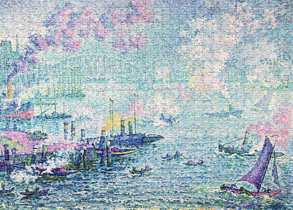 A Pointillist harbor scene featuring steamships and sailboats in soft shades of blue, purple, and green.